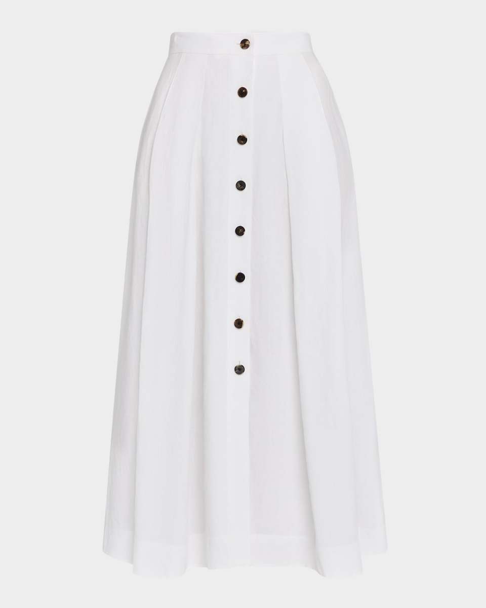 Pleated Button-Front Linen Maxi Skirt